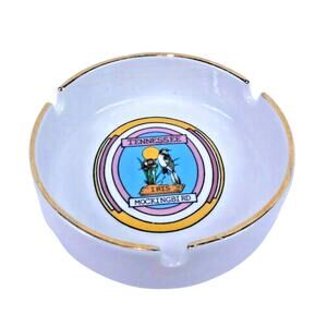 Vintage Tennessee Souvenir Ashtray Round Mockingbird Iris with Gold Trim
